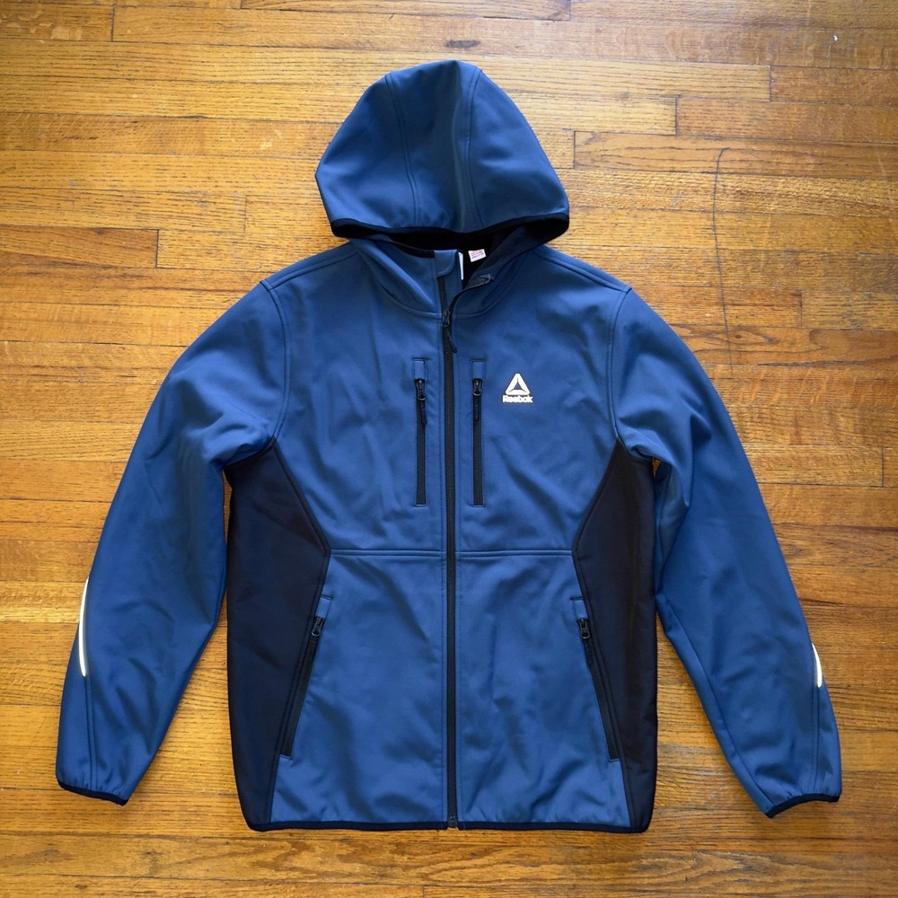 Reebok Hooded Softshell Jacket Mens Medium Blue Full Zip Athletic Activewear